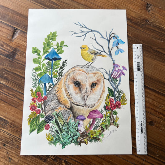 Owls Portrait ORIGINAL Gouache and Colour Pencil Painting - SALE
